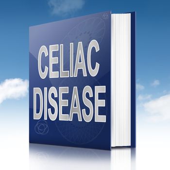 Illustration depicting a text book with a Celiac disease concept title. Sky background.