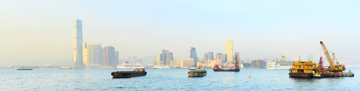 Panorama of Kowloon island at sunset. Hong Kong