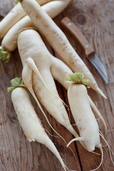 Daikon radish on the wood background 