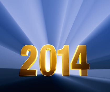 Gold 2014 on dark blue background brilliantly backlit with light rays shining through.