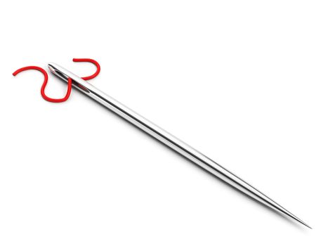 Needle for sewing on a white background close-up with red thread