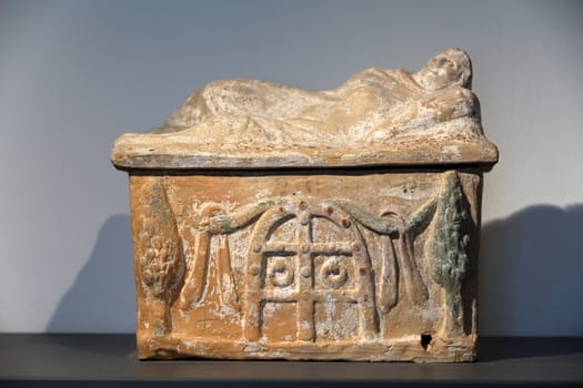 Ancient etruscan art. Painted terracotta cienrary  urns. Sarcophagus of Chiusi, Tuscany. 