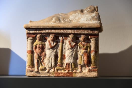 Ancient etruscan art. Painted terracotta cienrary  urns. Sarcophagus of Chiusi, Tuscany. 