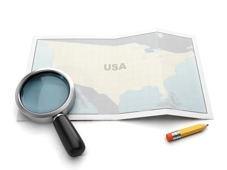 Search on the map. U.S. map magnifier and pencil on white background