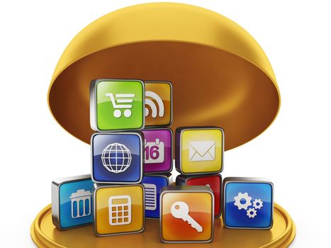 Gift in the form of mobile applications. Tray and a group of mobile icon