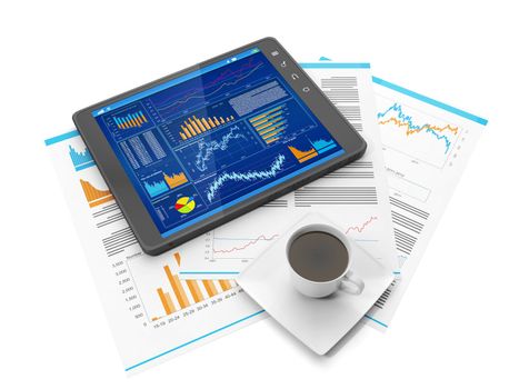 Illustration on the theme of business. Tablet PC biznres site, a coffee mug and business documents