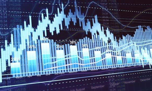 Business statistics and analytics, glowing sheet beznes statistics of exchange trading in the dark