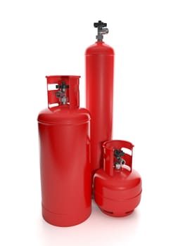 Group of red cylindrical gas tanks. Large Medium and long gas balon