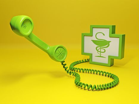 Calling the doctor. Big green retro telephone and sign medicine. Calling for help