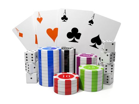 3d illustration: Entertainment gambling. Chips and playing cards with a group of cubes