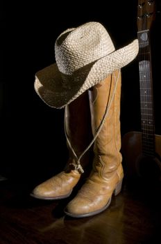 Spotlight on Cowboy Boots with acoustic guitar in the background
