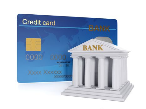 3d illustration of: Finance and credit. Credit card and bank building, office