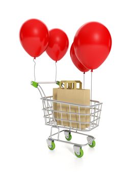 3d illustration: Concept for sale and purchase. Trolley balloon and paper bags, holiday sale. low Price