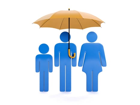 3d illustration: Insurance and protection of seven. Family under the umbrella