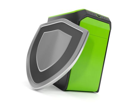 3d illustration: Protecting computers from viruses. Shield and the system unit