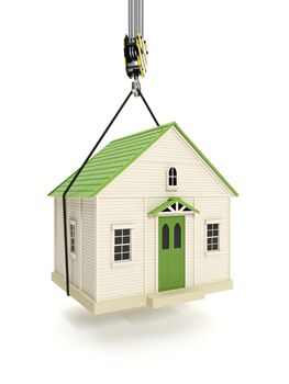 3d illustration: Drive home. The hook of a crane lifts the house. Change of residence
