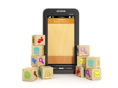 3d Illustration: Wooden icons and mobile phone. Creating a manufacturer of mobile icons