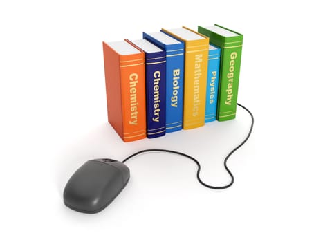 3d illustration: On-line learning. Group of school textbooks and computer mouse