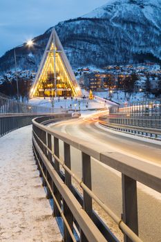 Tromso Arctic Cathedral Church in Norway at dusk twilight