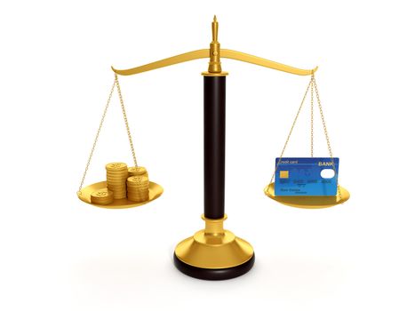 3d illustration: Balance credit cards and gold coins. Keeping money in the credit card