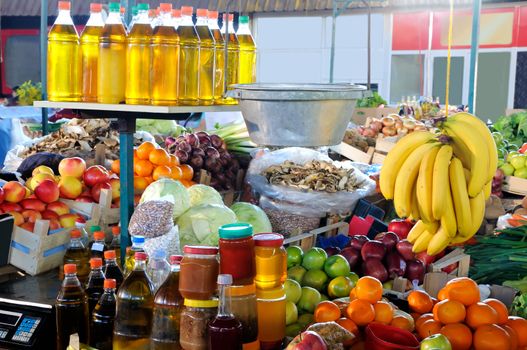 Fresh fruits, vegetables, domestic oliv oil and honey at farmers market