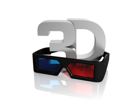 3d illustration: Large letters and 3D glasses to watch movies, media