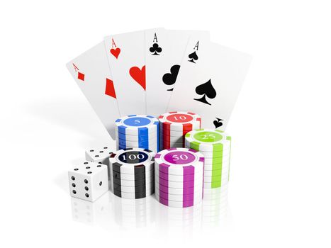 3d illustration: Playing chips, cards and dice. casino