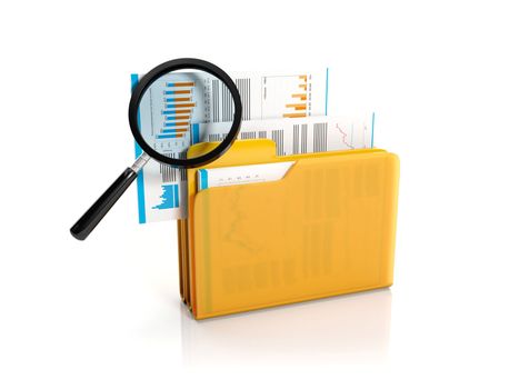 3d illustration: Big yellow folder with a magnifying glass. Finding a file