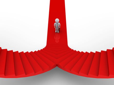 3d businessman is standing in front of two stairs of opposite direction