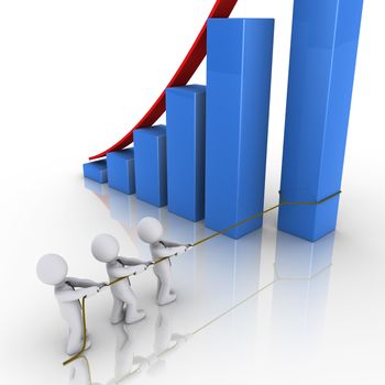 3d business team pulling rope to position column of rising graph