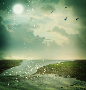 Small butterflies and moon in fantasy landscape