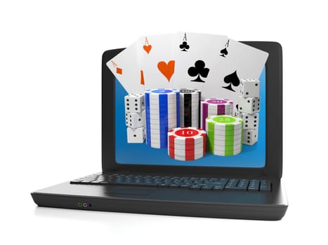 3d illustration of computer technology. A laptop and a group of chips. internet