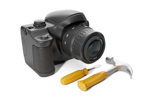 3d illustration: Repair camera, a screwdriver and a camera
