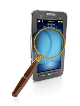 3d illustration: Mobile technology. Mobile phone and a magnifying glass to find the information