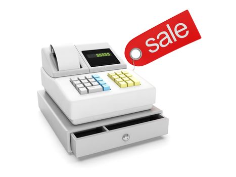 3d illustration: Sale and purchase. Cash register and sticker sale