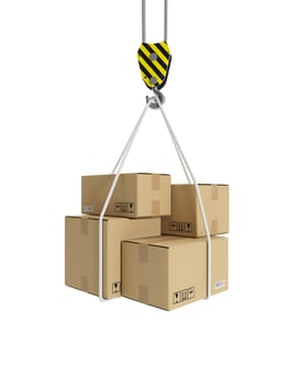 3d illustration: Cargo transportation, crane hook, and cardboard boxes