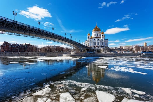 Cathedral of Christ the Saviour and Patriarshy Bridge in Moscow in the spring