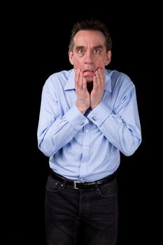 Shocked Terrified Middle Age Business Man Pulling Face Black Background