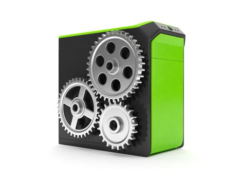 3d illustration: System unit and a group of gears. The system