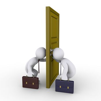 Two businessmen looking through keyhole on opposite sides of door
