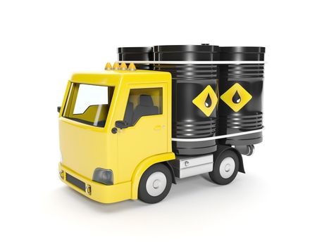 3d illustration: Delivery of oil. Truck and barrels of oil