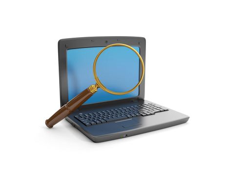 3d illustration: A laptop and a magnifying glass to find the information