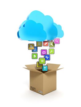 3d illustration: Downloading mobile icons. A blue cloud and a box with icons on a white background