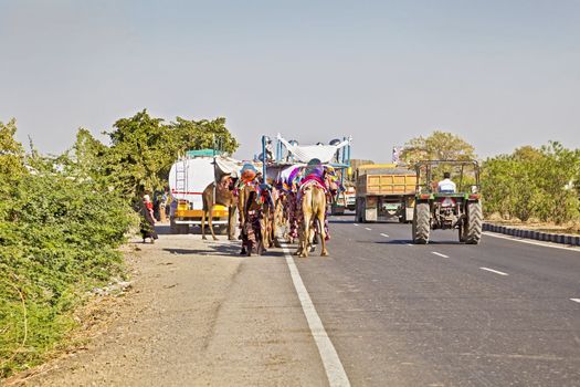 Landsape along the Ahmedabad Road in Gujarat India of typical congestion on India highways of users moving at different speeds and agendas. Camel train, tanker parked up, trucks and tractors goinabout their business.