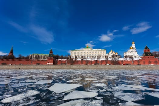 Moscow Kremlin during an ice drift across the Moskva River