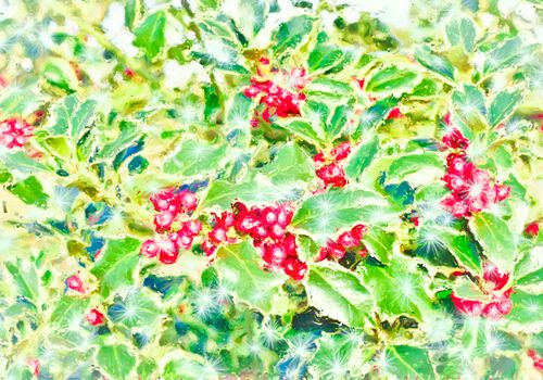 Textured digital painting of winter berries and snow flakes