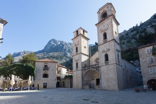 Twin towers of Cathedral of Saint Tryphon in Unesco protected Kotor Montenegro