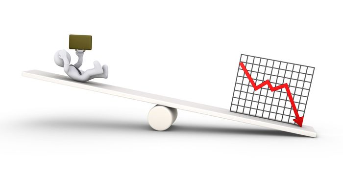 3d businessman is falling due to bad results diagram, on a seesaw