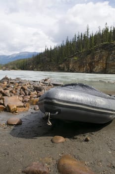 Raft in place for the trip down the Athabasca River located in Jasper National Park