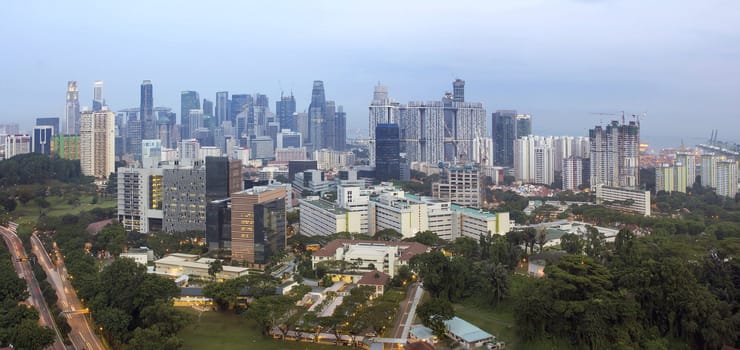 Singapore City Financial Central Business District at Blue Hour After Sunset Panorama